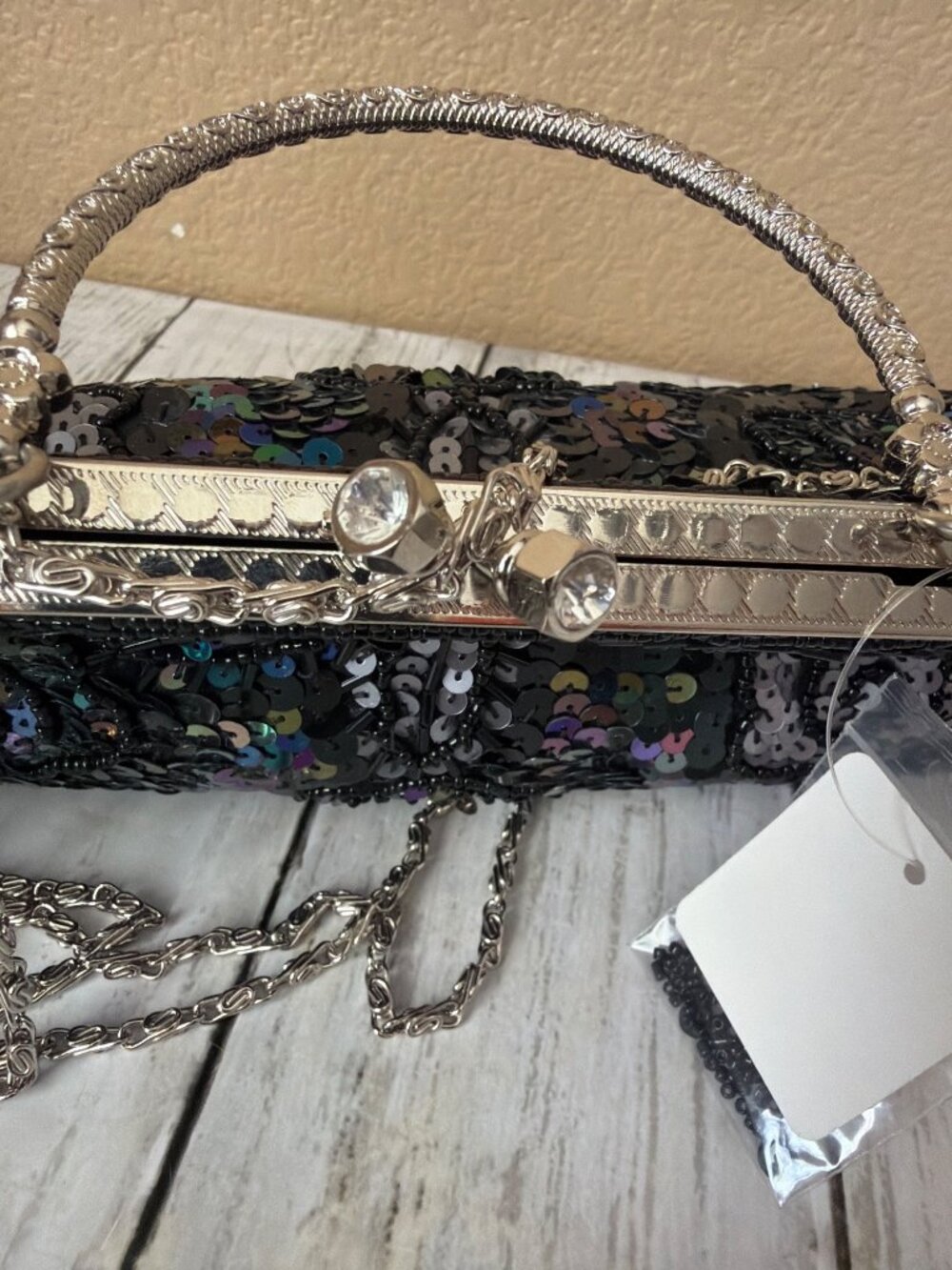 Y2K Max Mayer Black Beaded Sequin Evening Bag Clutch Kiss Lock Chain Strap NEW - Picture 4 of 14